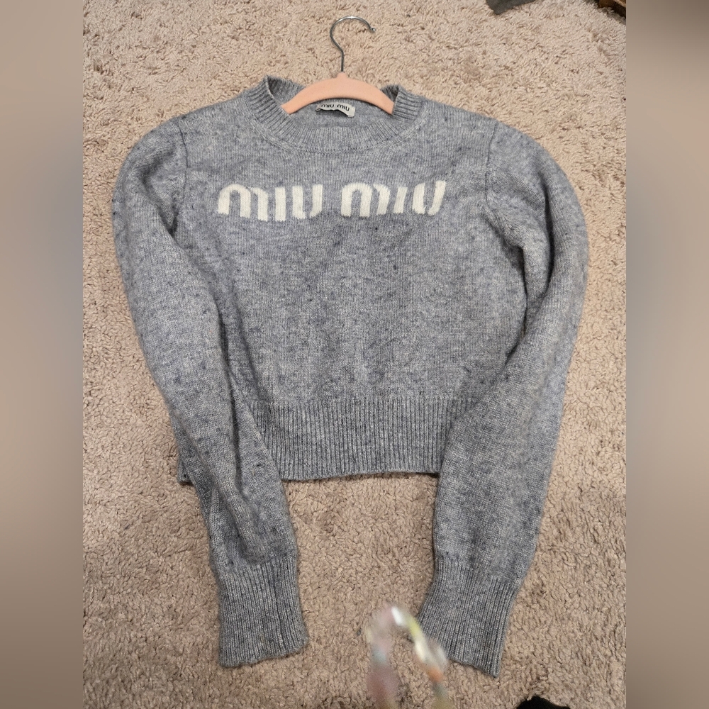 Miu Miu Heather Gray Cropped Logo Knit Sweater